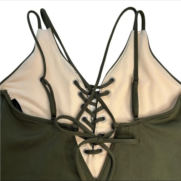 LA Hearts by PacSun Tie Front One-Piece Swimsuit Olive Green Ribbed SizeXS - Picture 3 of 13